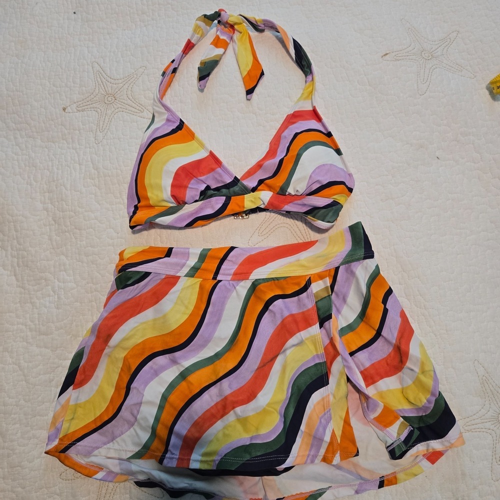 Anne Cole Swimwear 2 Piece Women Medium Multicolor Swirl Halter Top Skirt Set
